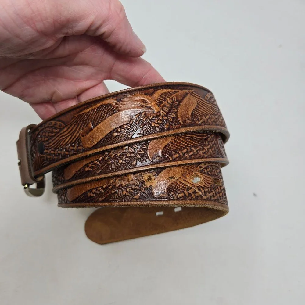 Western Tooled Leather Belt W/ Eagle Design 44